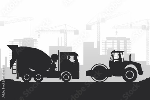 heavy machinery silhouette background with concrete mixer truck and soil compactor in a city under construction