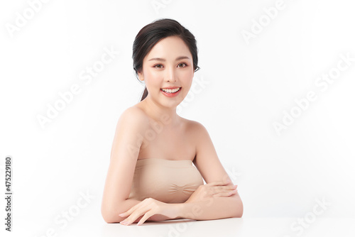 Beautiful young asian woman with clean fresh skin on white background, Face care, Facial treatment, Cosmetology, beauty and spa, Asian women portrait.