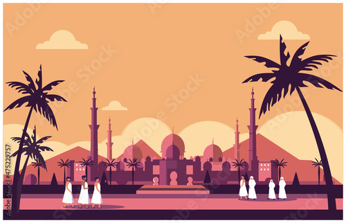 Muslim city  fasting praying in Ramadan.Fasting and breaking the fast  during Ramadan scene.Religious Muslim city landscape.Ramadan holy month. 
