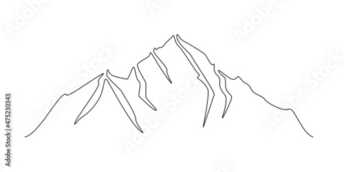 One continuous line drawing of mountain range landscape silhouette. Panorama skyline with mounts ridge in simple linear style. Adventure winter sports concept isolated on white. Vector illustration