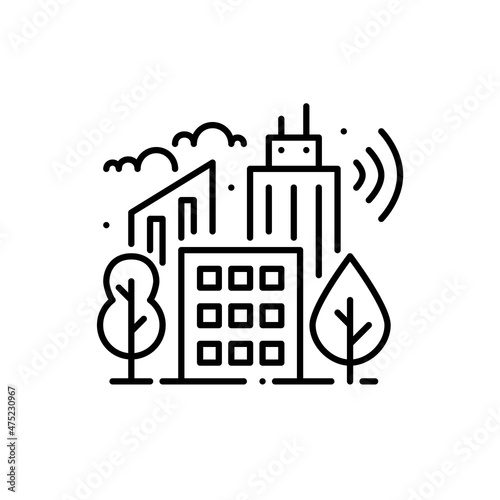 Smart city good for living, modern urban trend. Green ecology, wireless connection. Skyscrapers skyline and trees. Pixel perfect, editable stroke