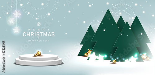 Christmas background, podium for product display, Light blue abstract scene with trees, white misty, balls, stars, festive elements decoration for Christmas and New year banner. Vector illustration.