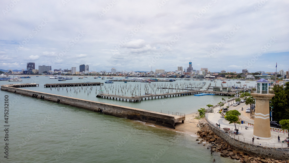 Beautiful Aerial view of the Bali Hai Pier. Famous place for the main pier to travel to Koh Larn from Pattaya city, Thailand and relax in holiday.