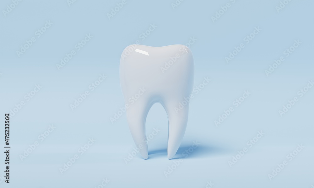 Tooth on blue background with copy space. Dental and Health care concept. 3D illustration rendering Tooth on blue background with copy space. Dental and Health care concept. 3D illustration rendering