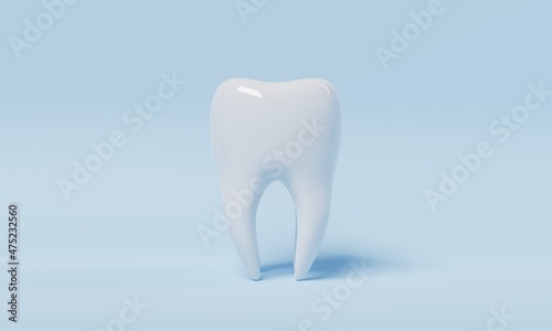 Tooth on blue background with copy space. Dental and Health care concept. 3D illustration rendering