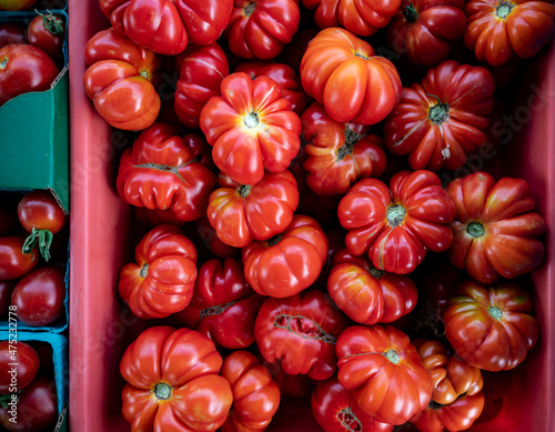 Fresh, shiny heirloom tomatoes are on piled up and on display at a Farmers Market in Oregon © Jennifer L Morrow