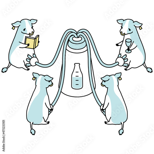 リラックスしながら機械で搾乳される牛のアイソメイラスト