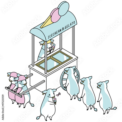 アイス屋さんと行列に並ぶ牛のアイソメイラスト