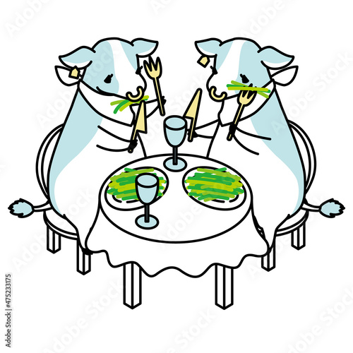 仲良く草を食べている牛たちのアイソメイラスト