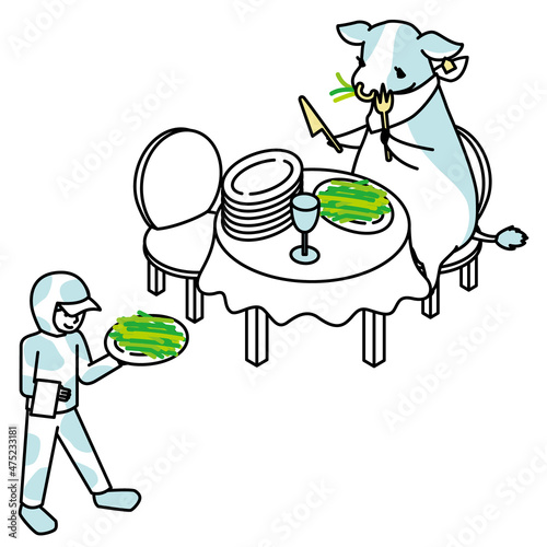 草を食べている牛と運ぶスタッフのアイソメイラスト