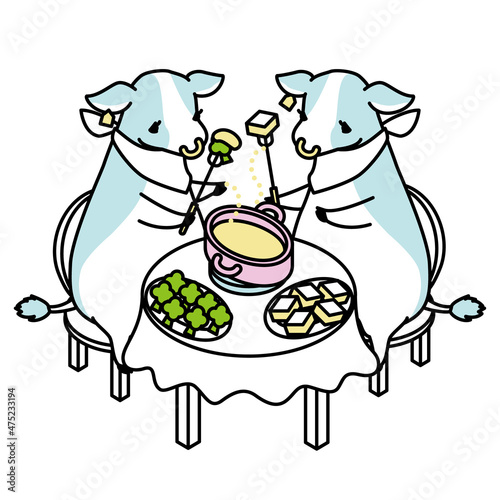 仲良くチーズフォンデュを食べている牛のアイソメイラスト