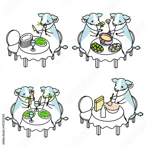 食事をしている牛のアイソメイラストのセット