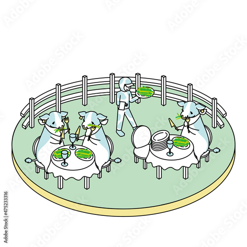 お店の席に座って食事中の牛のアイソメイラスト