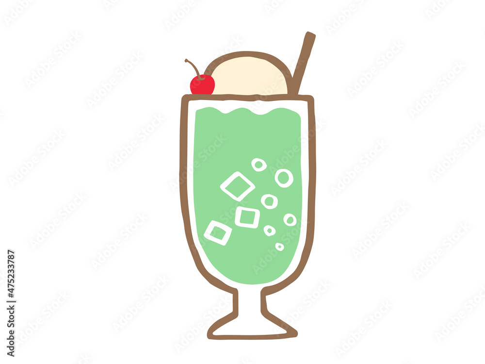 Obraz premium かわいいドリンクのクリームソーダとチェリー/手書き文字イラスト