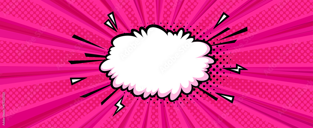 Surprising boom cloud in halftone background for sales and promotions. Banner template for surprises and bursting events. Vector illustration in pop art style