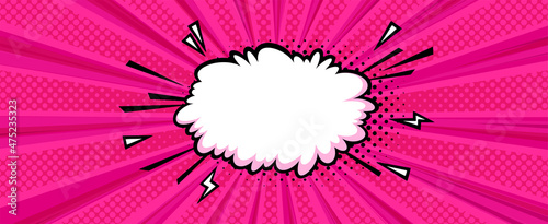 Surprising boom cloud in halftone background for sales and promotions. Banner template for surprises and bursting events. Vector illustration in pop art style