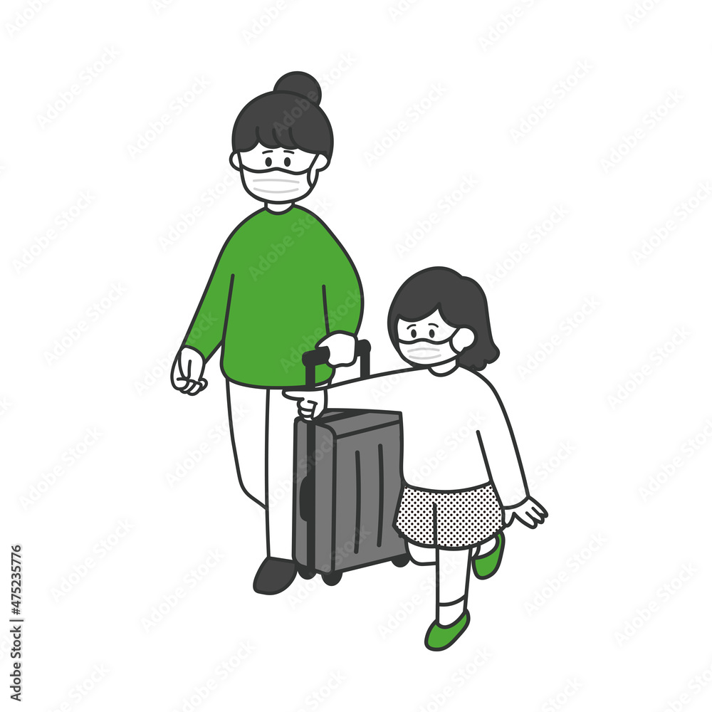 マスクをして旅行に行く親子二人　全身　単色