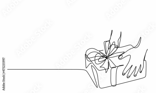 continuous drawing of a gift cardboard box with a bow in women's hands, the concept of a holiday,
