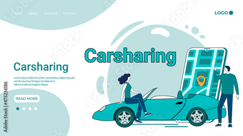Carsharing.Online car sharing service.A phone with a location mark.An application for a smartphone to work on tracking cars.An illustration in the style of a landing page in green.