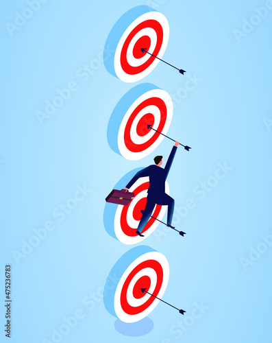 Businessman climbs up one by one bullseye along the arrow to complete one goal after another, business concept illustration