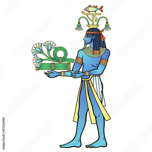 Animation color portrait: Egyptian God Hapi presents river gifts - papyrus flowers. God of fertility, of water, of  Nile River. Vector illustration isolated on a white background.  photo