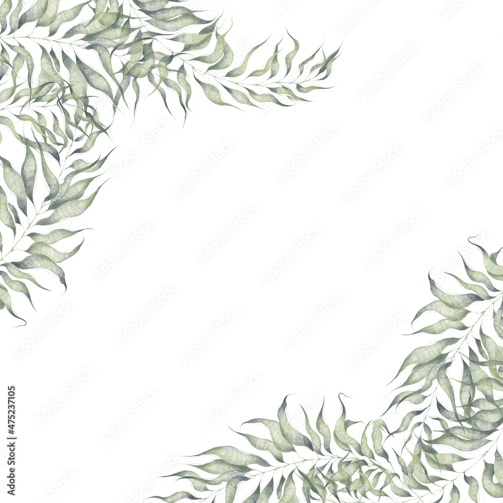 Watercolor corner frame with illustration of plant elements isolated on a white background in modern style. Branches with leaves for wedding invitation, greeting card, illustration, set.