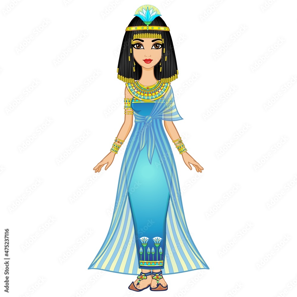 Animation portrait Egyptian  girl in ancient clothes with a papyrus flower on the head. Queen, goddess, princess. Full growth. Vector illustration isolated on a white background.