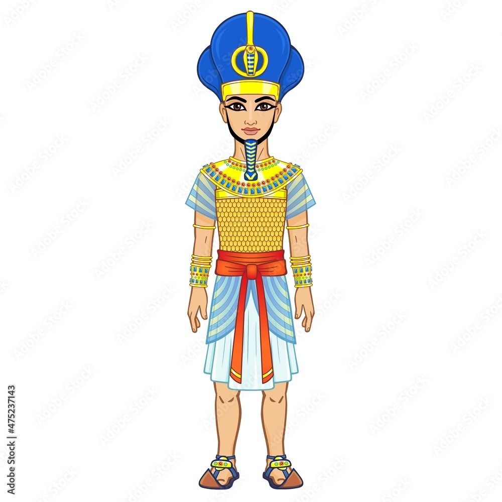 Animation Egyptian Pharaoh in military crown and armor.  Full growth.  Vector illustration isolated on a white background.