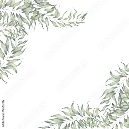 Watercolor corner frame with illustration of plant elements isolated on a white background in modern style. Branches with leaves for wedding invitation  greeting card  illustration  set.