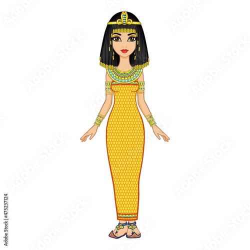 Animation Egyptian princess in ancient clothes and gold jewelry. Queen, goddess, princess . Full growth. Vector illustration isolated on a white background.