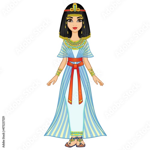 Animation Egyptian princess in ancient clothes and wig, gold jewelry. Queen, goddess, princess. Full growth. Vector illustration isolated on a white background.