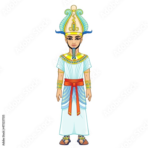 Animation Egyptian Pharaoh in the divine crown with horns and feathers.  Full growth. Vector illustration isolated on a white background.