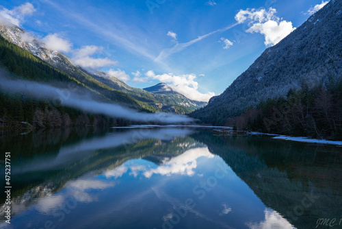 Photography Beautiful view of a lake with the reflection of surrounding mountains