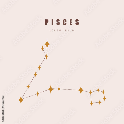 Pisces zodiac constellation. Horoscope vector illustration in boho style. Mystery and esoteric. Spiritual tarot poster. Magic occult and astrology card.
