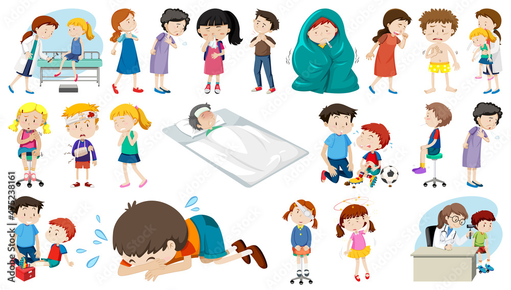 Set of sick people with different symptoms