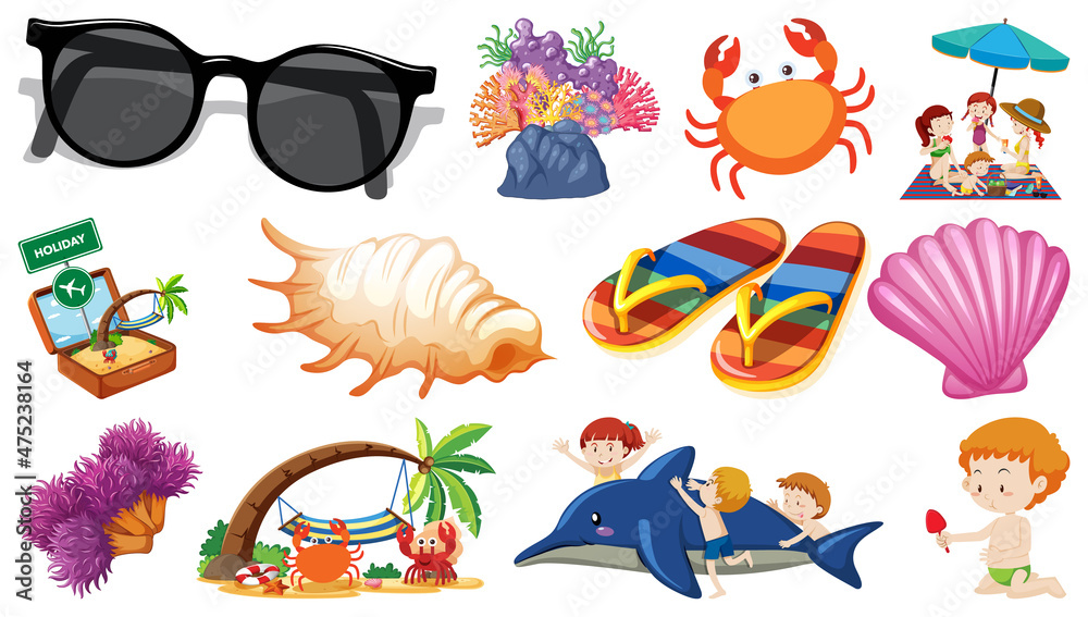 Obraz premium Set of summer beach objects and cartoon characters
