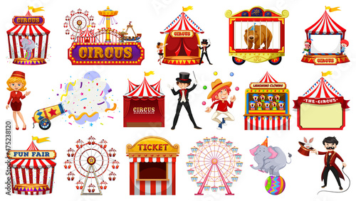 Set of circus characters and amusement park elements