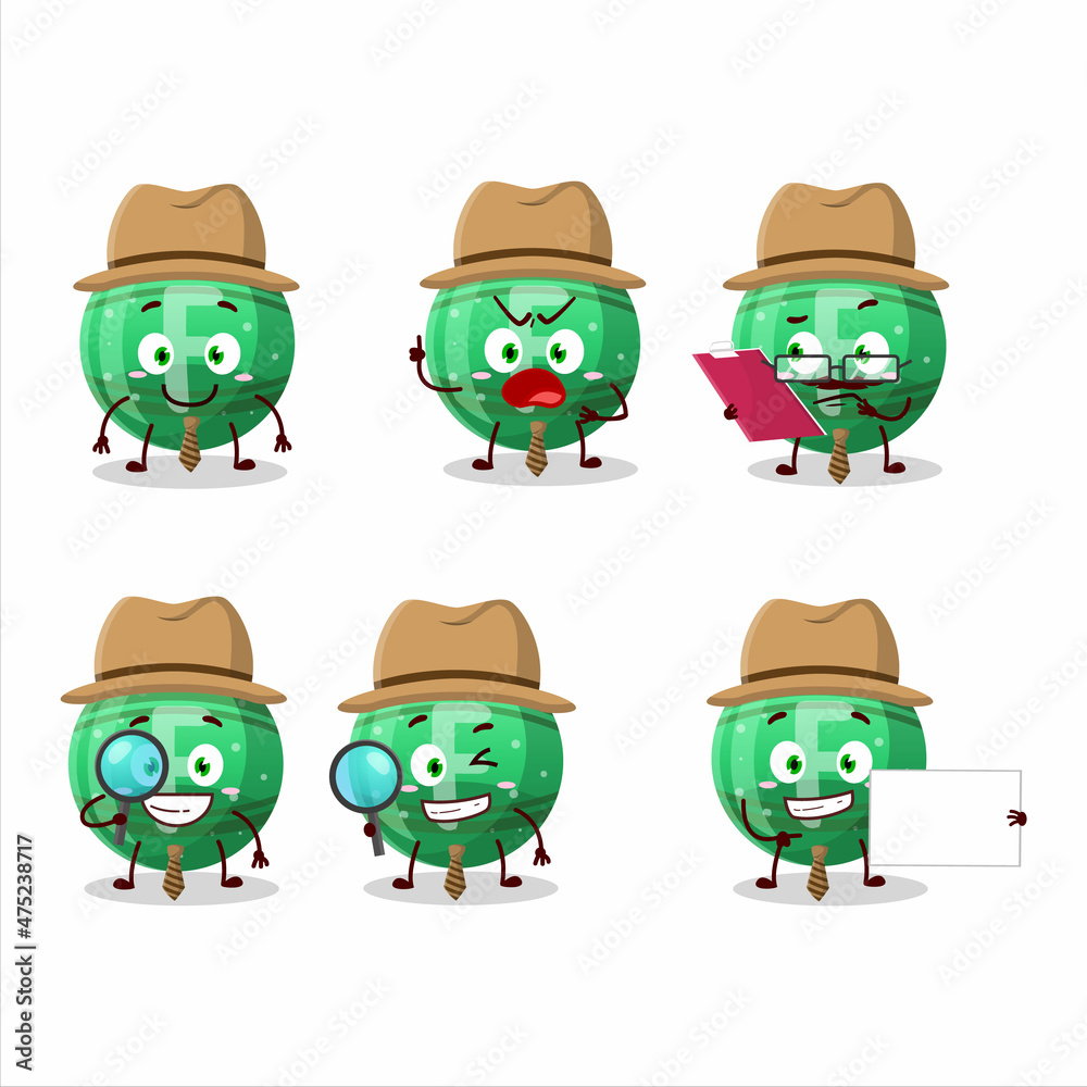 Detective green gummy candy F cute cartoon character holding magnifying glass Detective green gummy candy F cute cartoon character holding magnifying glass