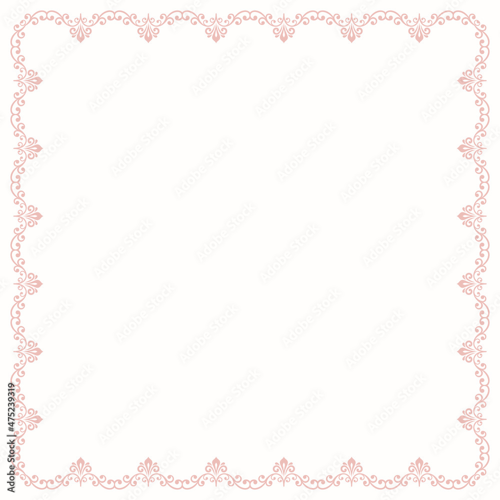 Classic square pink frame with arabesques and orient elements. Abstract ornament with place for text. Vintage pattern