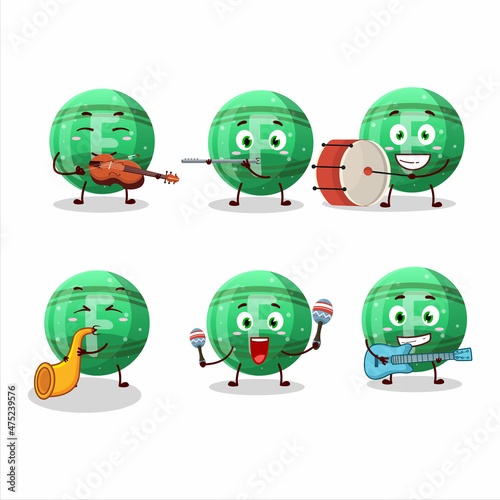 Cartoon character of green gummy candy F playing some musical instruments
