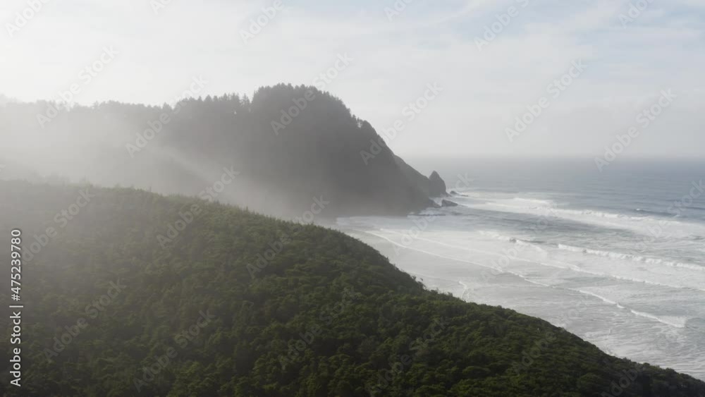 Drone flies over an expanse forest line ending in the beautiful Oregon coast with mist rising in the air. Drone flies over an expanse forest line ending in the beautiful Oregon coast with mist rising in the air.