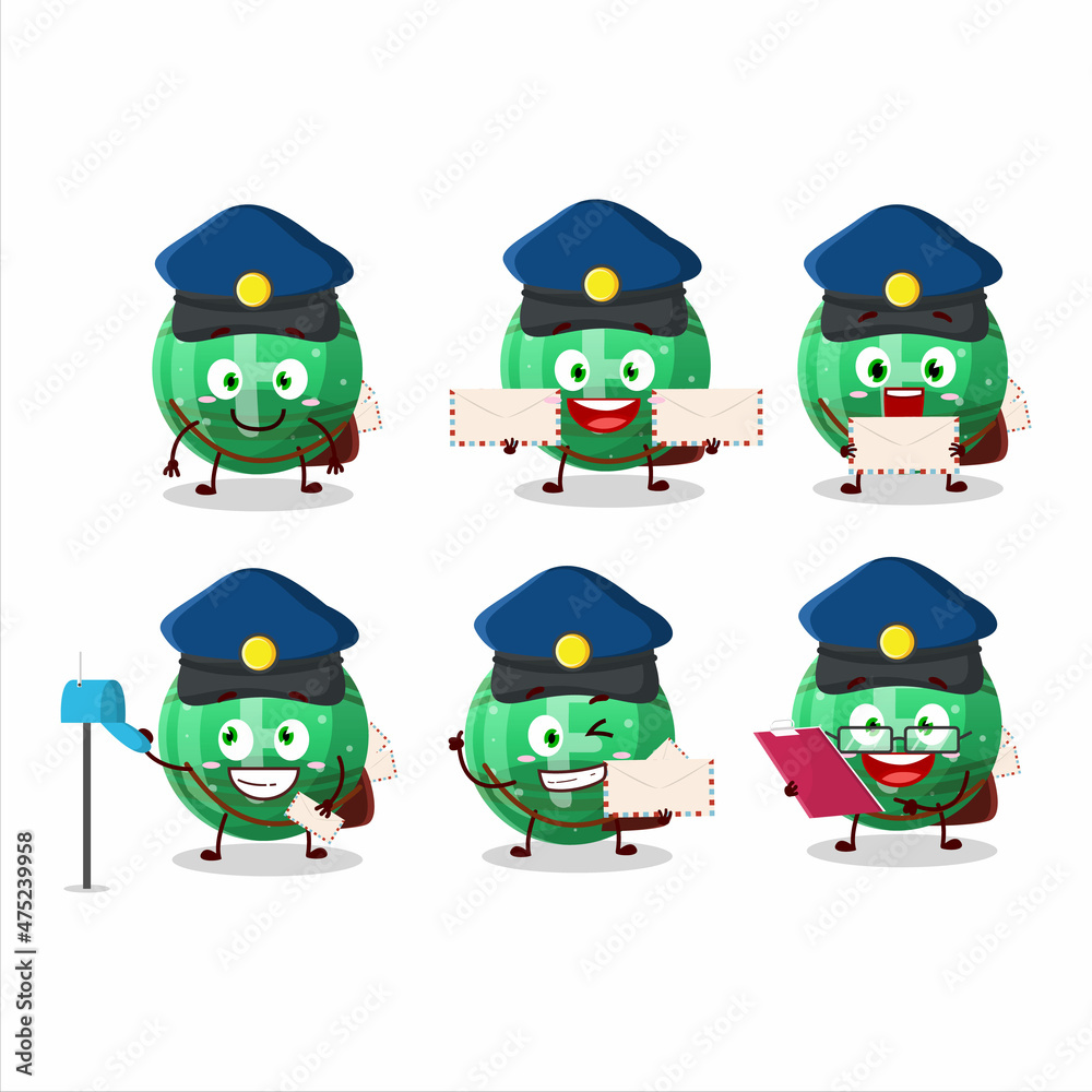 A picture of cheerful green gummy candy F postman cartoon design concept A picture of cheerful green gummy candy F postman cartoon design concept