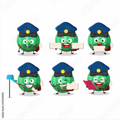 A picture of cheerful green gummy candy F postman cartoon design concept