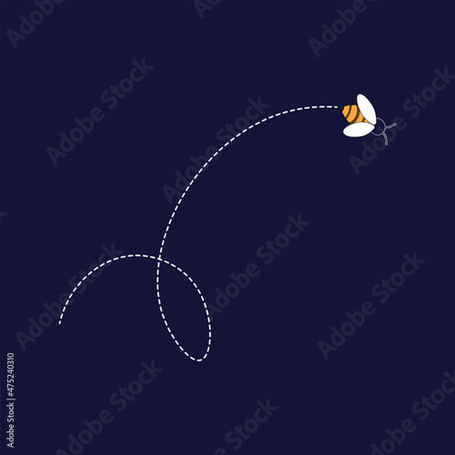 Flight of a bee or bumblebee with a dotted trajectory. A working honey bee, wasp pointing upwards. Concept of Path in flight with a loop. The movement of an insect along a specific route. Vector