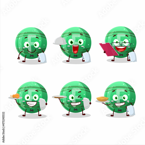 happy green gummy candy F waiter cartoon character holding a plate