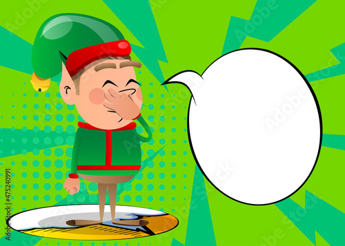 Christmas Elf holding his nose because of a bad smell. Vector cartoon character illustration of Santa Claus's little worker, helper.
