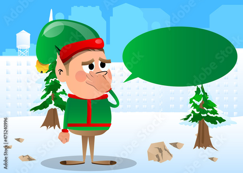 Christmas Elf holding his nose because of a bad smell. Vector cartoon character illustration of Santa Claus's little worker, helper.