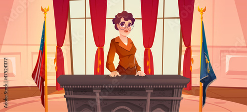 Woman president of the United States of America in Oval office, lady politician at wooden table in cabinet with large windows and Usa Flag, female character country ruler, Cartoon vector illustration