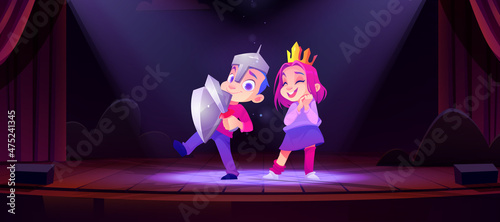 Children in princess and knight costumes play performance on theater stage. Vector cartoon illustration of cute kids actors, girl in gold crown and boy in armor with sword and shield