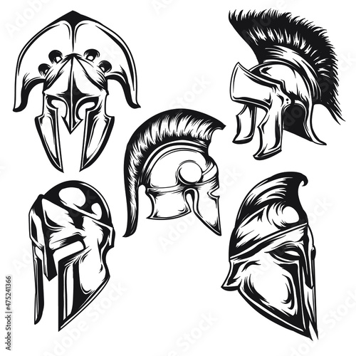 Set ot spartan helmet isolated from the white background. Vector set of roman or greek warrior helmet.